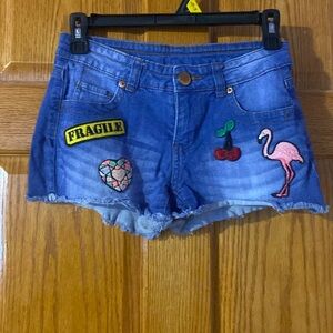 Kids, jean shorts with cute patches on it
